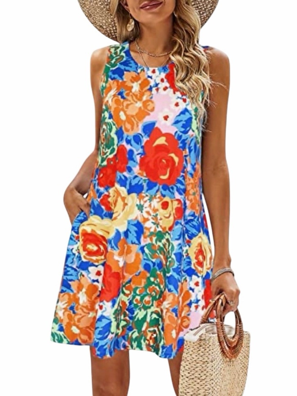 SimpleFun Womens S Summer Dress Sundress Beach Floral Pockets Boho Multicolor